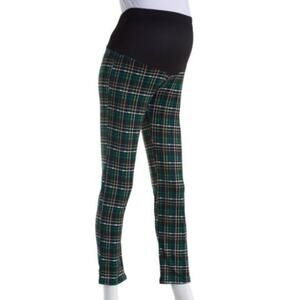 Due Time Maternity Over the Belly Elastic Waist Leggings Green Mustard Plaid